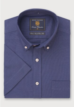 Regular Fit Dark Blue Stretch Oxford Cotton Short Sleeve Shirt
