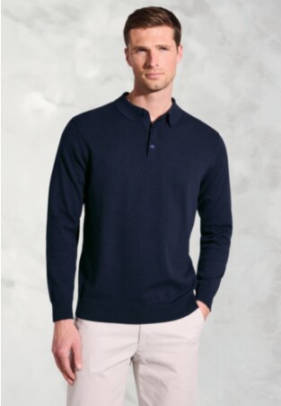 Paris Navy Cotton Merino Long Sleeve Polo Shirt